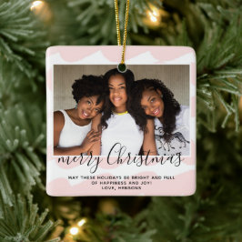 Roze Waterverf Stripe Merry kerstfoto Keramisch Ornament