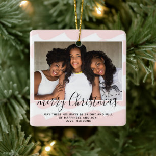 Roze Waterverf Stripe Merry kerstfoto Keramisch Ornament