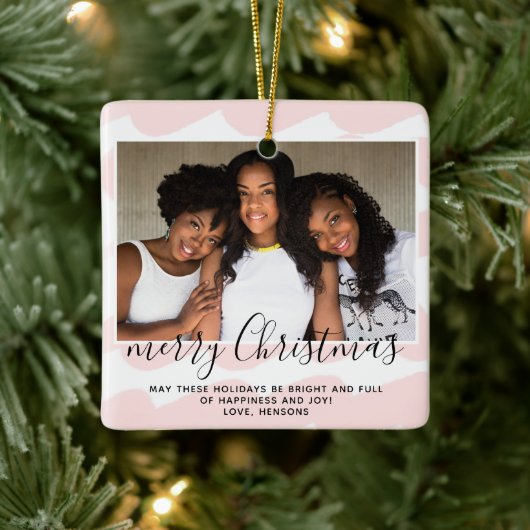 Roze Waterverf Stripe Merry kerstfoto Keramisch Ornament (Boom)