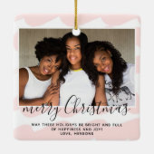 Roze Waterverf Stripe Merry kerstfoto Keramisch Ornament (Achterkant)