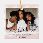 Roze Waterverf Stripe Merry kerstfoto Keramisch Ornament (Voorkant)