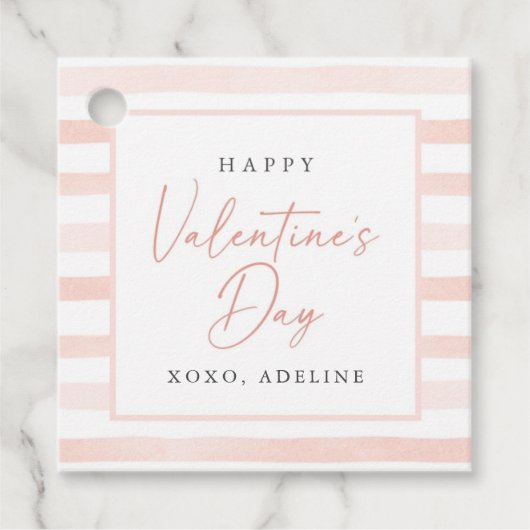 Roze Waterverf Stripe Valentijnsdagen Bedankjes Labels (Voorkant)