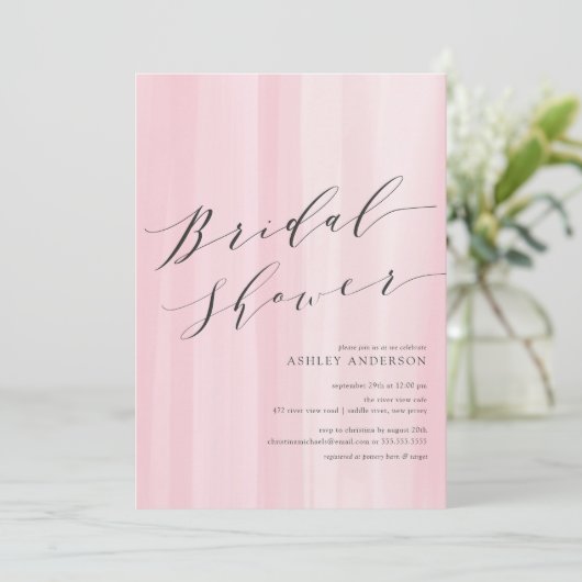 Roze Waterverf Stripes Bridal Shower Uitnodiging (Staand voorkant)
