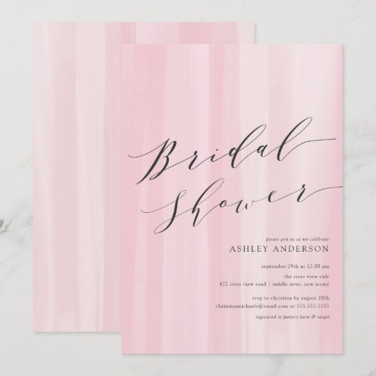 Roze Waterverf Stripes Bridal Shower Uitnodiging (Voorkant / Achterkant)