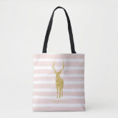 Roze Waterverf Stripes en Faux Gold Deer Tote Bag (Voorkant)