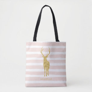 Roze Waterverf Stripes en Faux Gold Deer Tote Bag
