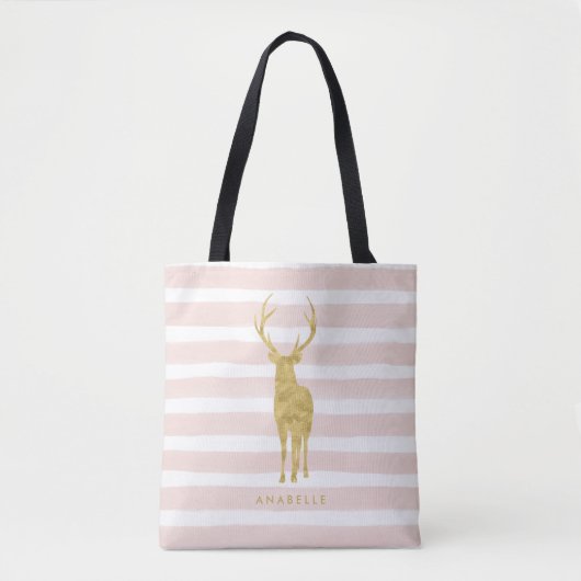 Roze Waterverf Stripes en Faux Gold Deer Tote Bag (Voorkant)