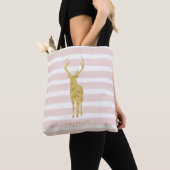 Roze Waterverf Stripes en Faux Gold Deer Tote Bag (Dichtbij)