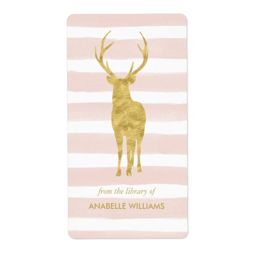 Roze Waterverf Stripes en Gold Deer Bookplaat Etiket (Voorkant)