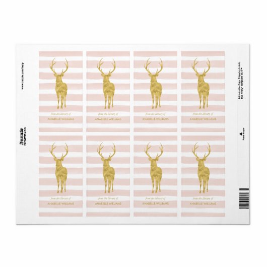 Roze Waterverf Stripes en Gold Deer Bookplaat Etiket (Full Sheet)