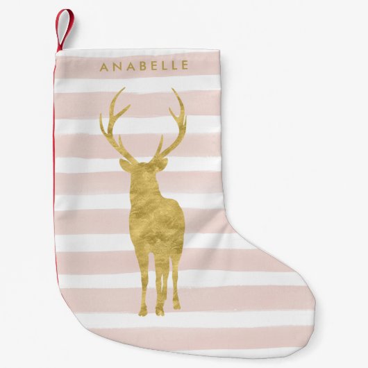 Roze Waterverf Stripes en Gold Deer Kleine Kerstsok (Voorkant)