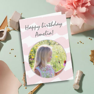 Roze Waterverf Stripes Girly Foto Birthday Kaart