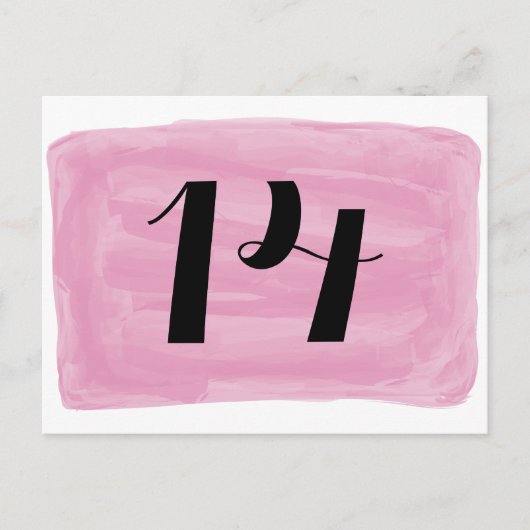Roze Waterverf Tabelnummer Briefkaart (Voorkant)