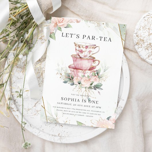  Roze Waterverf Tea Party 1e verjaardag Kaart