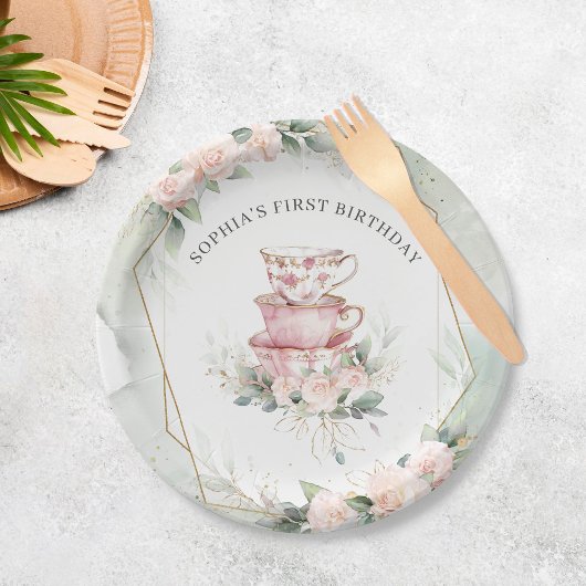  Roze Waterverf Tea Party 1e verjaardag Papieren Bordje