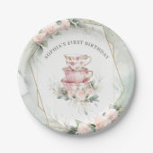  Roze Waterverf Tea Party 1e verjaardag Papieren Bordje (Voorkant)