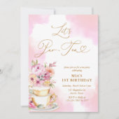Roze Waterverf Tea Party 1e verjaardag Uitnodiging (Voorkant)