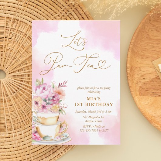 Roze Waterverf Tea Party 1e verjaardag Uitnodiging