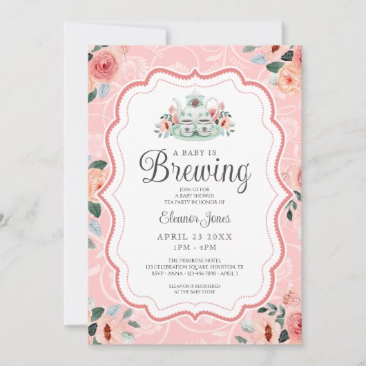  Roze Waterverf Tea Party Baby shower Kaart (Voorkant)