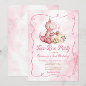 Roze Waterverf Tea-Rex Dinosaurus 1e Verjaardag Kaart (Voorkant / Achterkant)