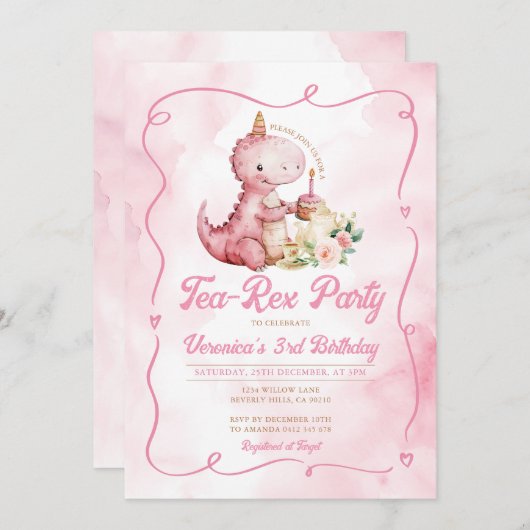 Roze Waterverf Tea-Rex Dinosaurus 1e Verjaardag Kaart (Voorkant / Achterkant)
