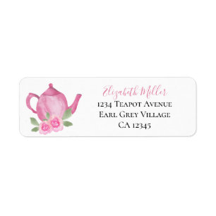 Roze Waterverf Teapot Return Address Etiket