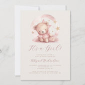 Roze Waterverf Teddy Bear Meisje Baby shower Kaart (Voorkant)
