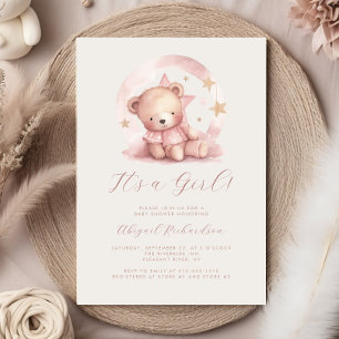 Roze Waterverf Teddy Bear Meisje Baby shower Kaart