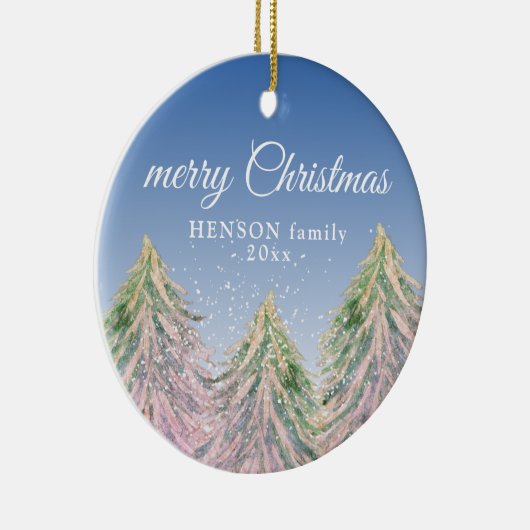 Roze Waterverf Trees Merry-kerstfamilie Keramisch Ornament (Rechts)