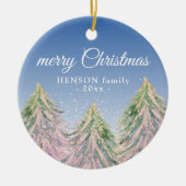 Roze Waterverf Trees Merry-kerstfamilie Keramisch Ornament (Voorkant)