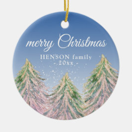 Roze Waterverf Trees Merry-kerstfamilie Keramisch Ornament