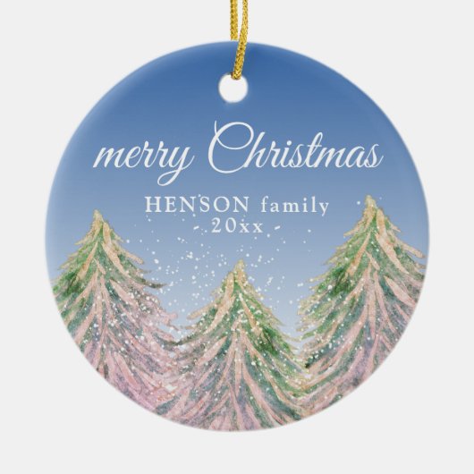 Roze Waterverf Trees Merry-kerstfamilie Keramisch Ornament (Voorkant)