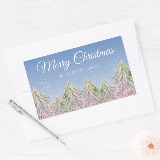 Roze Waterverf Trees woud artistieke kerst Rechthoekige Sticker (Envelop)