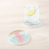 Roze Waterverf Tropische ananas Aqua Ombre goud Zandsteen Onderzetter (Zijkant)