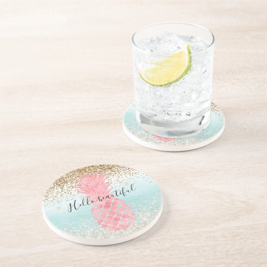 Roze Waterverf Tropische ananas Aqua Ombre goud Zandsteen Onderzetter (Zijkant)