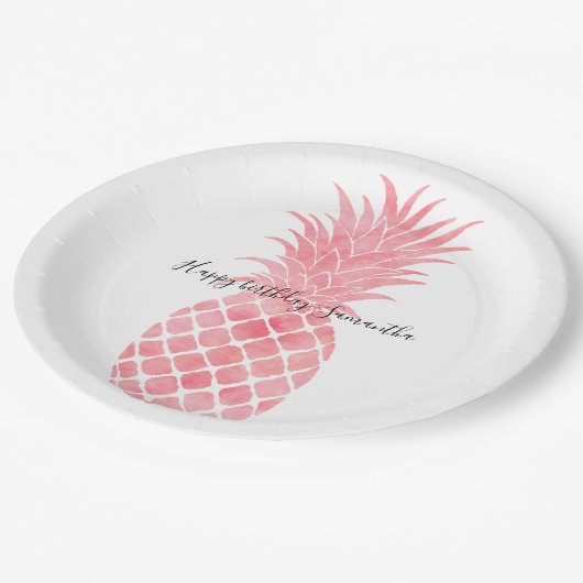Roze Waterverf Tropische ananas Papieren Bordje (Gekanteld)
