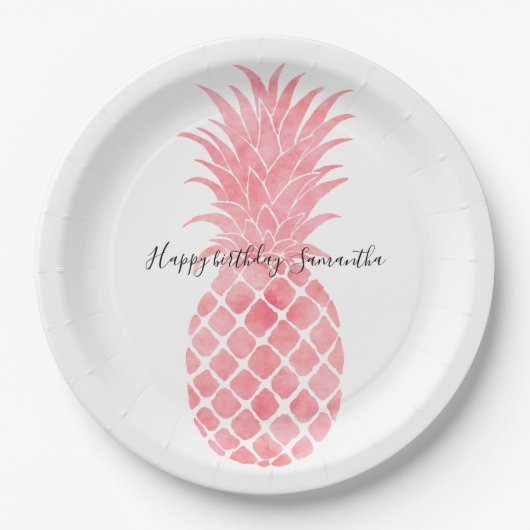 Roze Waterverf Tropische ananas Papieren Bordje (Voorkant)