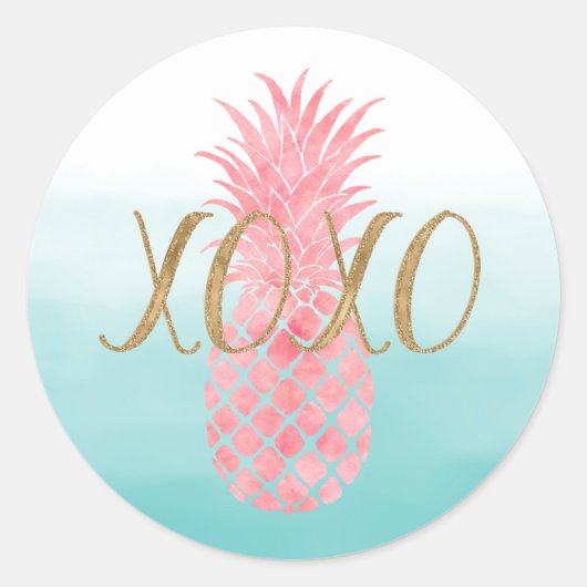 Roze Waterverf tropische ananas Ronde Sticker (Voorkant)