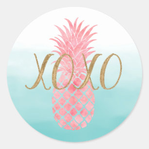 Roze Waterverf tropische ananas Ronde Sticker