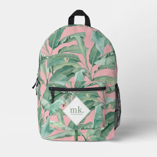 Roze Waterverf tropische bananenbladeren monogram Bedrukte Rugzak (Voorkant)