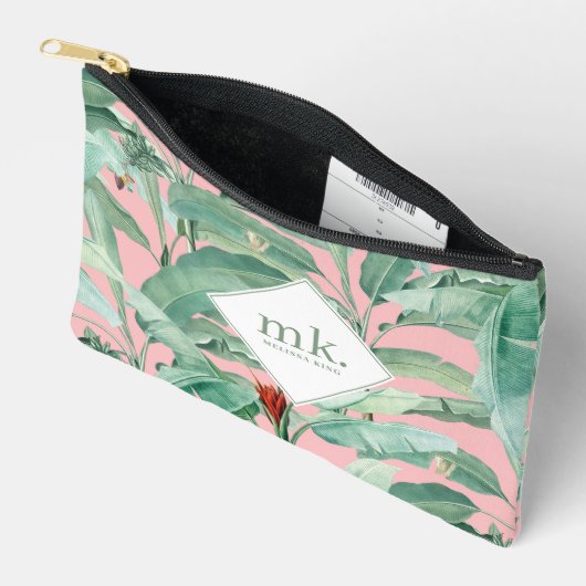 Roze Waterverf tropische bananenbladeren monogram Etui (Open)