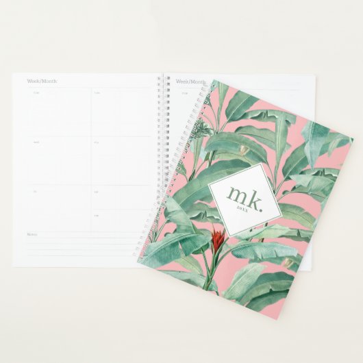 Roze Waterverf tropische bananenbladeren monogram Planner (Display)