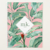 Roze Waterverf tropische bananenbladeren monogram Planner (Voorkant)