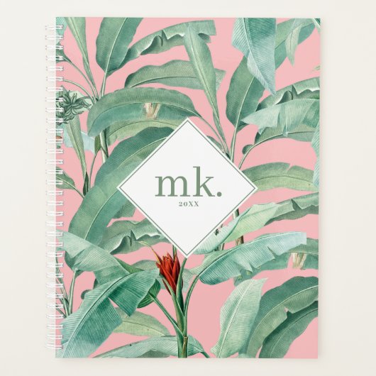 Roze Waterverf tropische bananenbladeren monogram Planner (Voorkant)