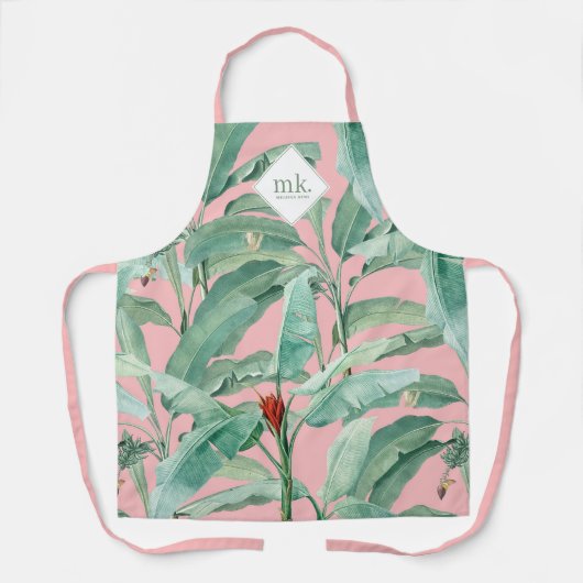 Roze Waterverf tropische bananenbladeren monogram Schort (Voorkant)