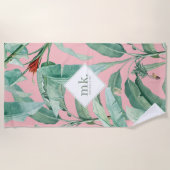 Roze Waterverf tropische bananenbladeren monogram Strandlaken (Voorkant)