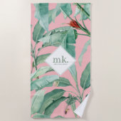 Roze Waterverf tropische bananenbladeren monogram Strandlaken (Voorkant)