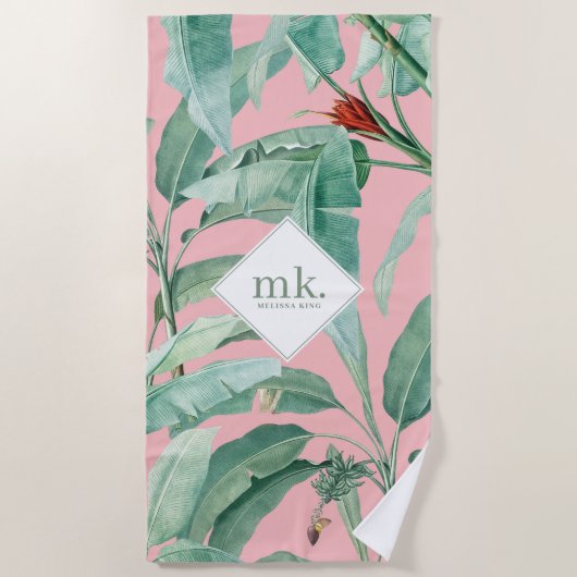 Roze Waterverf tropische bananenbladeren monogram Strandlaken (Voorkant)