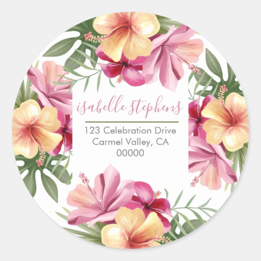 Roze Waterverf Tropische Bloemen Retouradres Ronde Sticker (Voorkant)