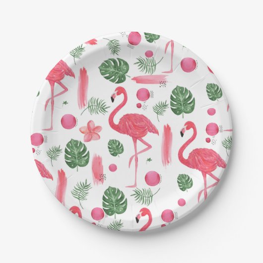 Roze waterverf tropische elegant flamingo floral papieren bordje (Voorkant)